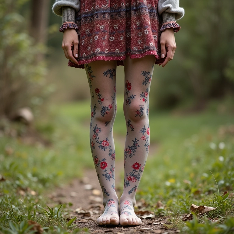 Mulher com meia-calça estampada floral e look boêmio em ambiente externo.