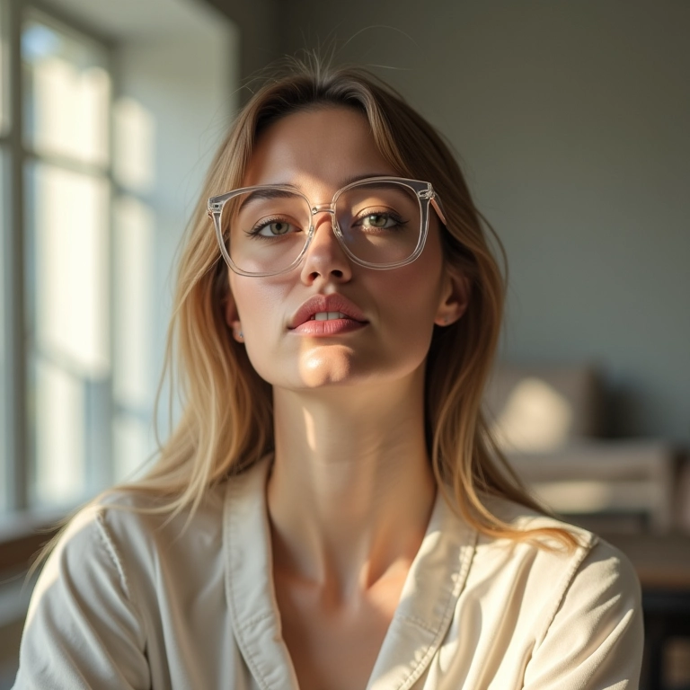 Mulher com óculos de armação transparente em apartamento moderno.