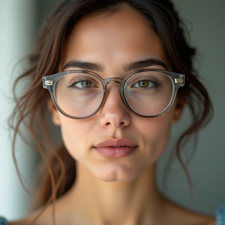 Mulher com óculos de armação transparente, estilo minimalista e moderno.