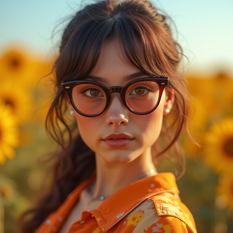 Mulher com óculos de gatinho em estilo retrô, cores vibrantes.