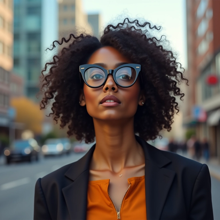 Mulher com óculos de grau gatinho em ambiente urbano.