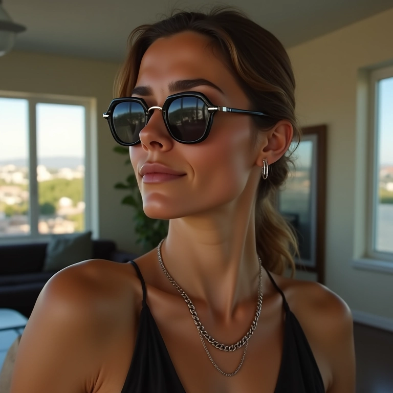Mulher com óculos de sol com corrente em apartamento moderno.