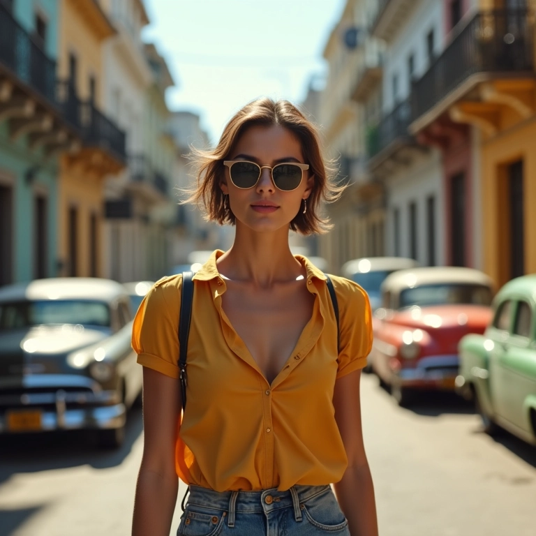 Mulher com óculos de sol retrô caminhando em rua vintage do Rio de Janeiro.