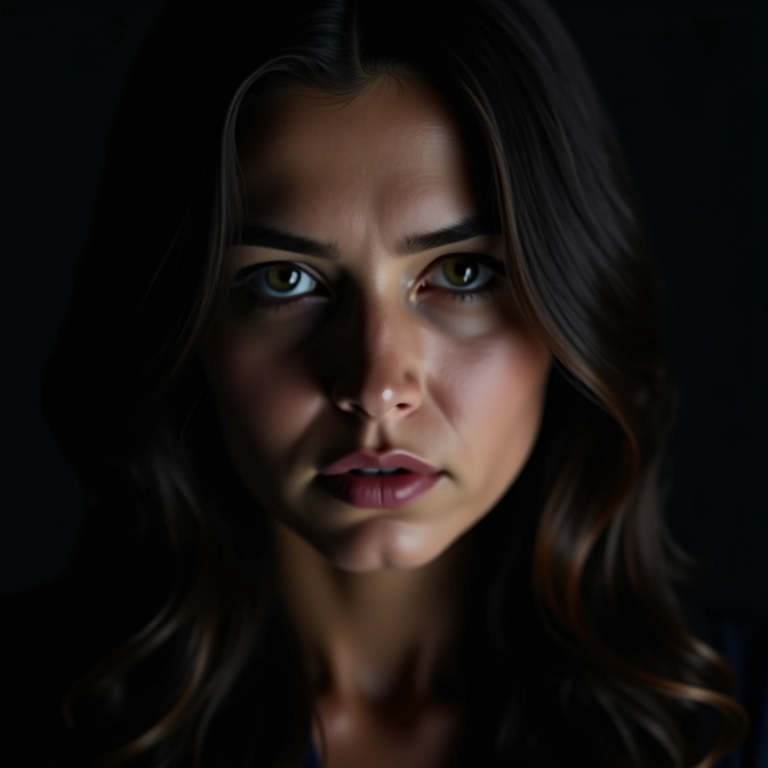 Mulher com olhar intenso, transmitindo mistério e emoção.