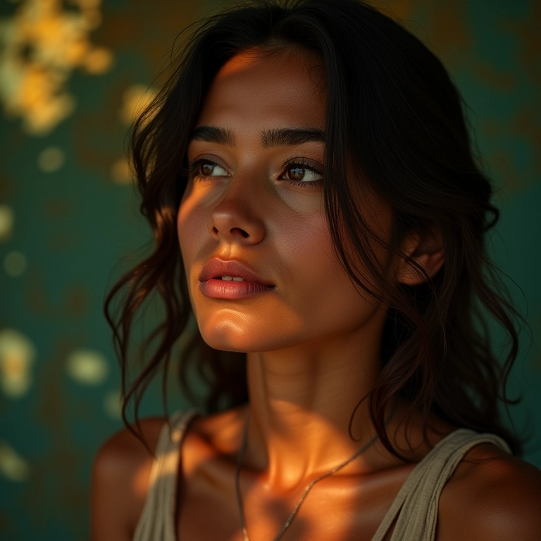 Mulher com olhar profundo e pensativo em cenário brasileiro vibrante, representando alta sensibilidade.