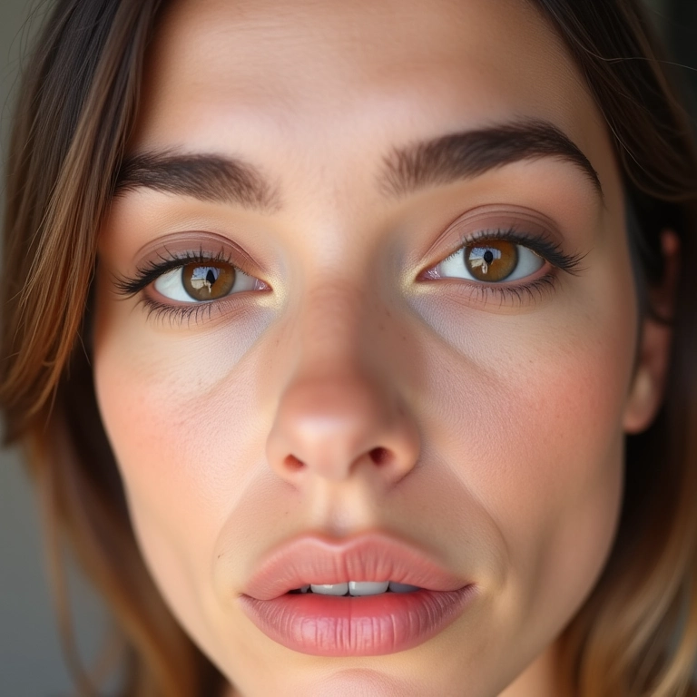 Mulher com olhos caídos transformada com maquiagem que levanta o olhar.