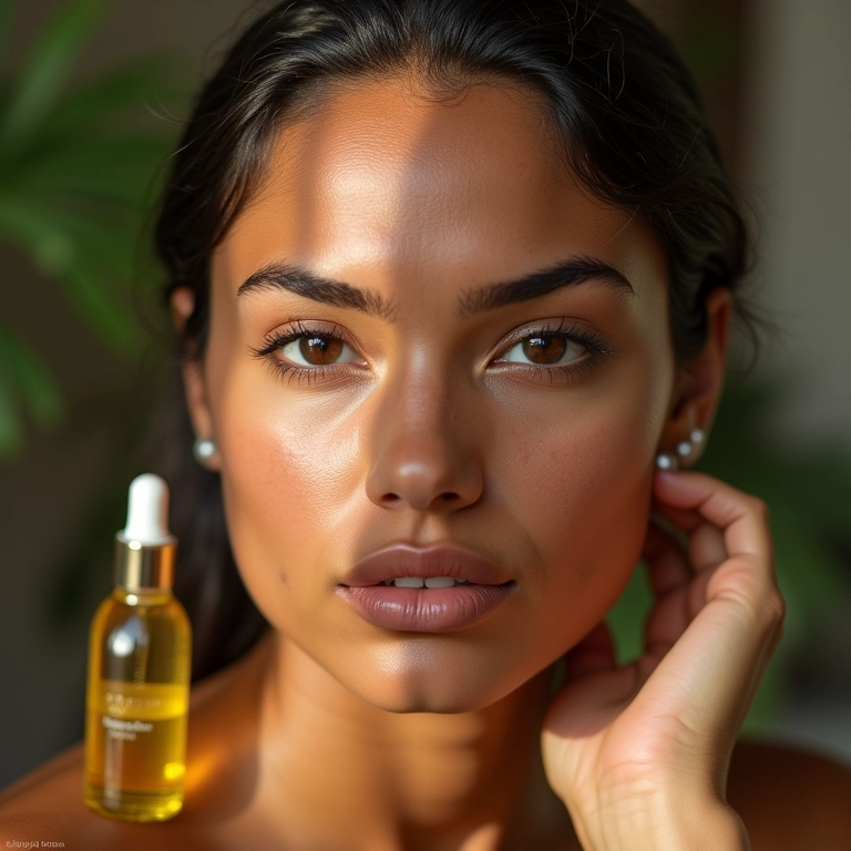 Mulher com pele equilibrada, usando óleo de semente de uva para controle da oleosidade.