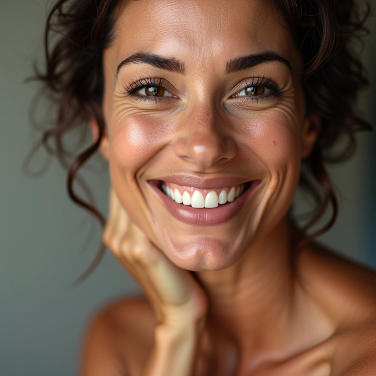 Mulher com pele firme e radiante após uso de Vitamina C.