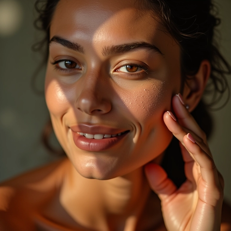 Mulher com pele oleosa aplicando protetor solar com cor oil-free com efeito matte.