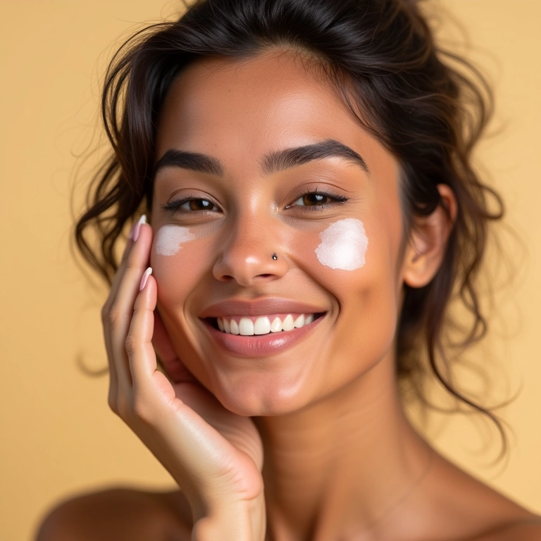 Mulher com pele oleosa usando primer matificante, com expressão confiante.