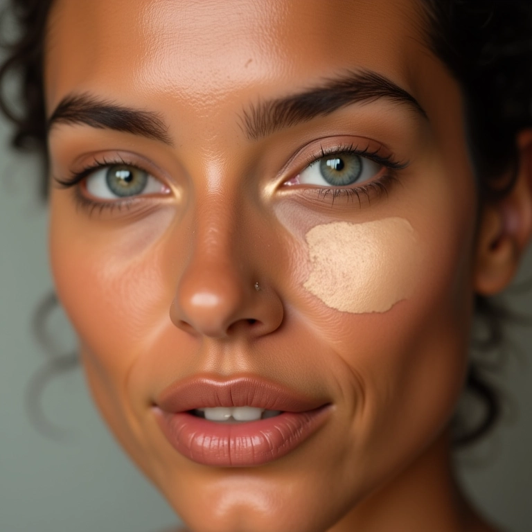 Mulher com pele oliva usando corretivo colorido para neutralizar a vermelhidão.