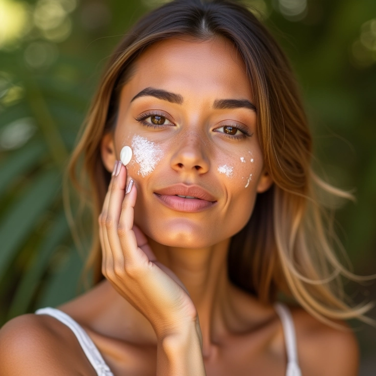 Mulher com pele seca aplicando protetor solar com cor hidratante.