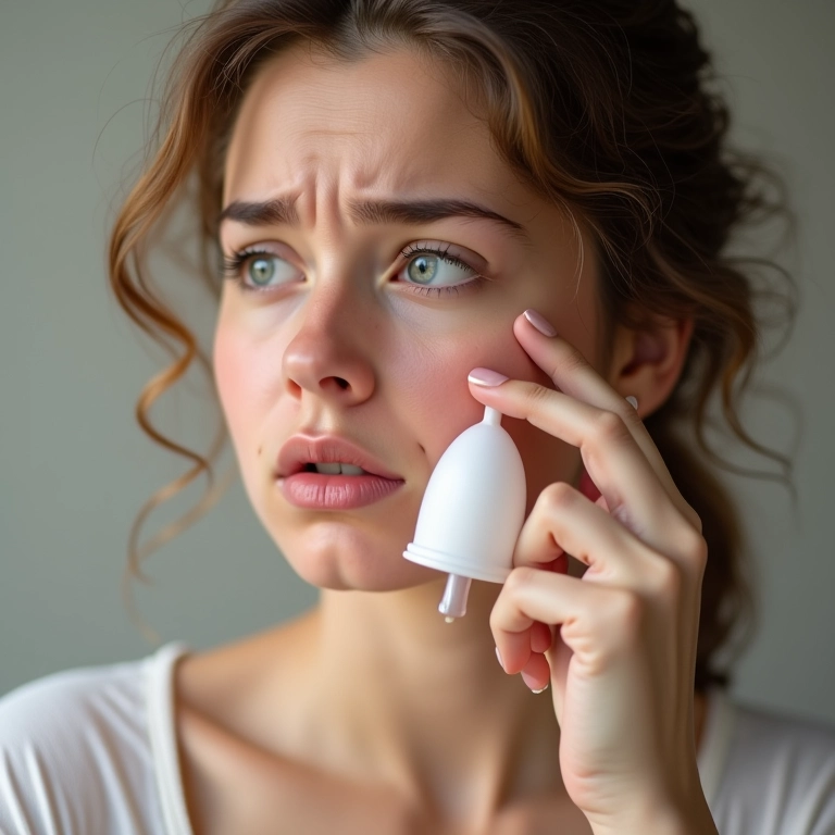 Mulher com pele sensível olhando embalagem de coletor menstrual.