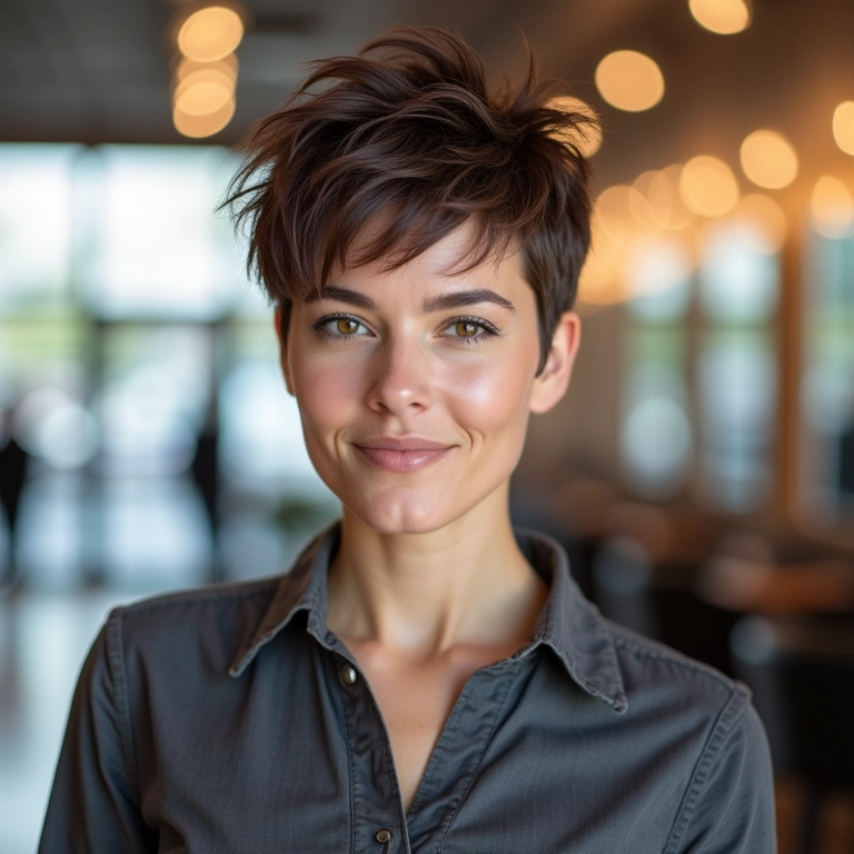 Mulher com pixie cut moderno e estiloso em salão de beleza iluminado.