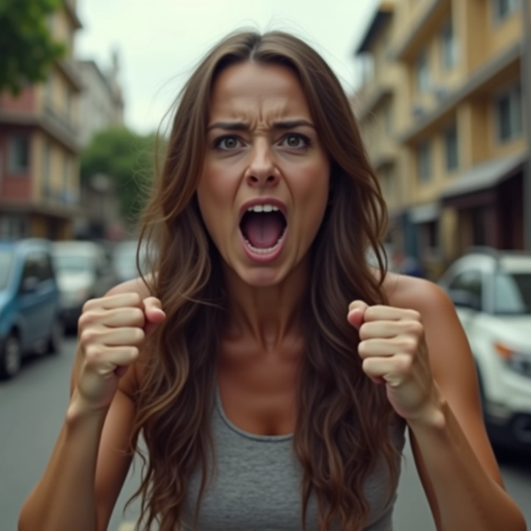 Mulher com punhos cerrados, gritando agressivamente, com rua brasileira ao fundo.