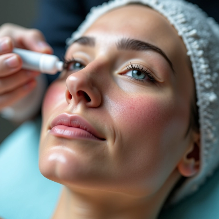 Mulher com rosácea recebendo tratamento de radiofrequência facial.