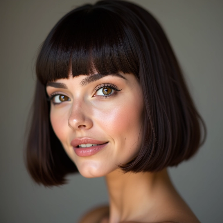 Mulher com rosto oval e corte blunt bob elegante.