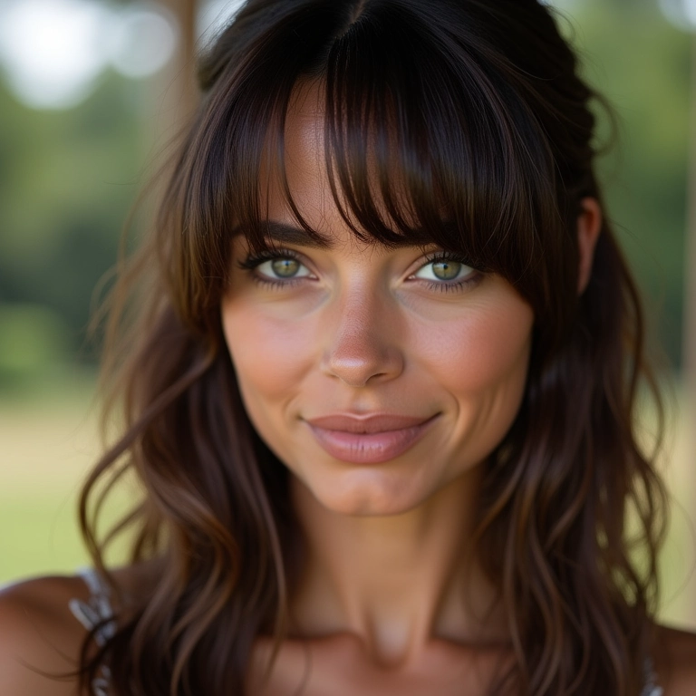 Mulher com rosto triangular e franja lateral suave, corte moderno e elegante.