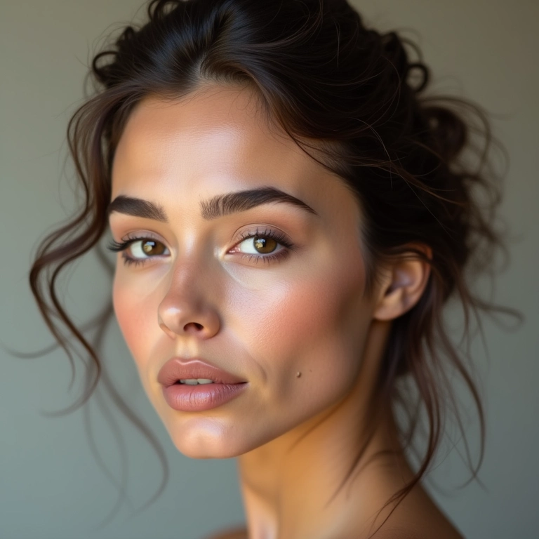 Mulher com rosto triangular exibindo diversos cortes de cabelo que equilibram os traços.