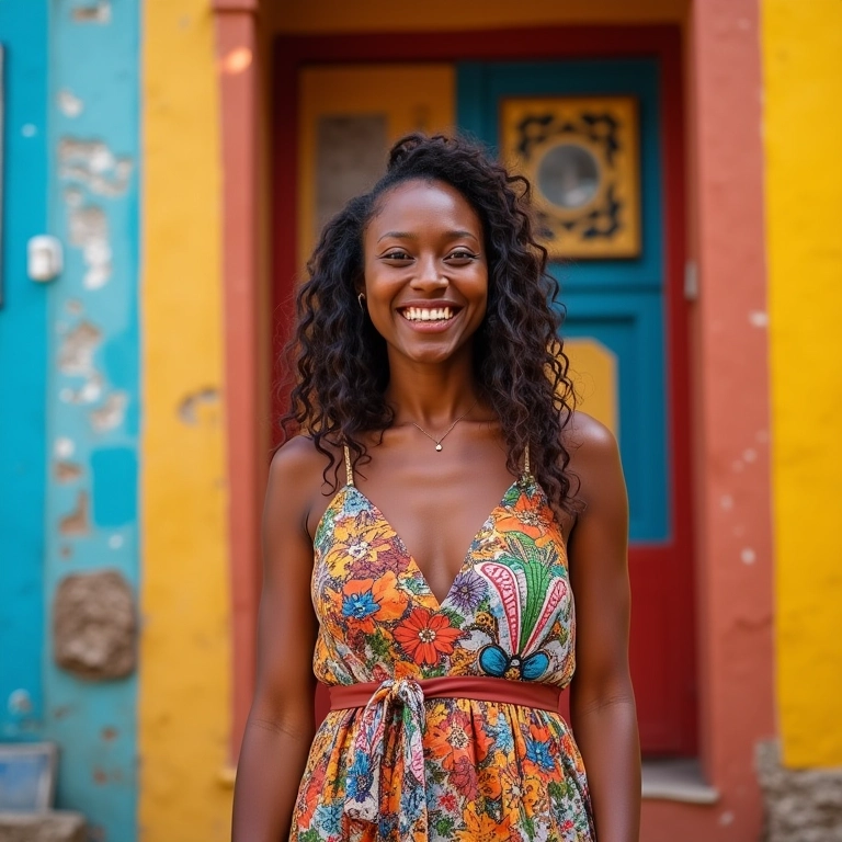 Mulher com roupa boho colorida em frente a prédio no Pelourinho.