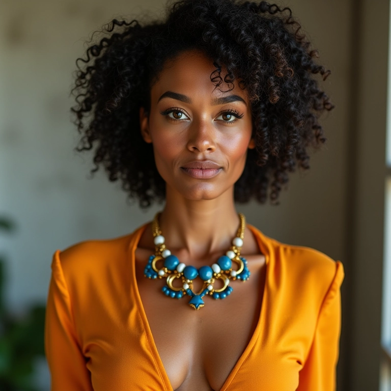 Mulher com roupas de cores complementares e colar statement.