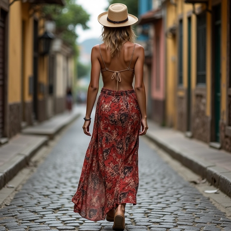 Mulher com saia longa estampada em rua de paralelepípedos em Salvador.