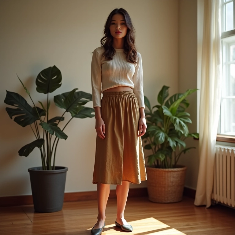 Mulher com saia midi, blusa de tricô e sapatilha em look minimalista.