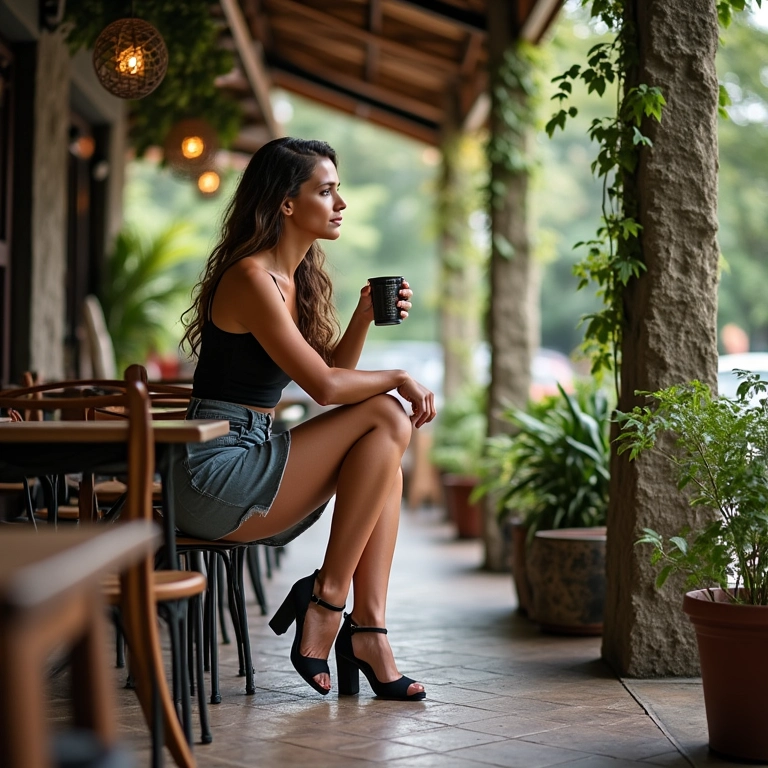 Mulher com salto bloco tomando café em café no Rio de Janeiro.