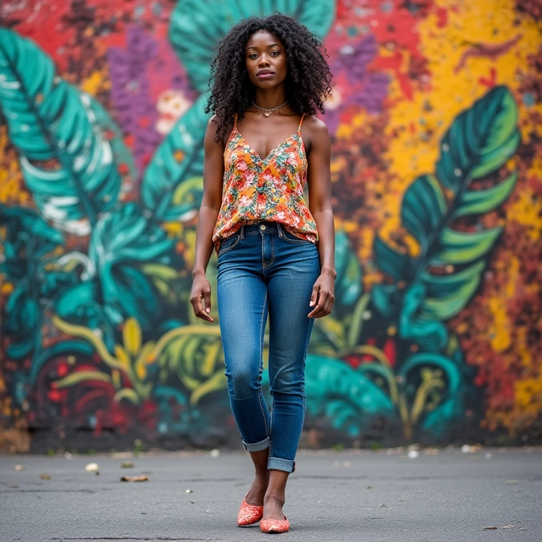 Mulher com sapatilha de bico fino e jeans em frente a grafite colorido no Brasil.