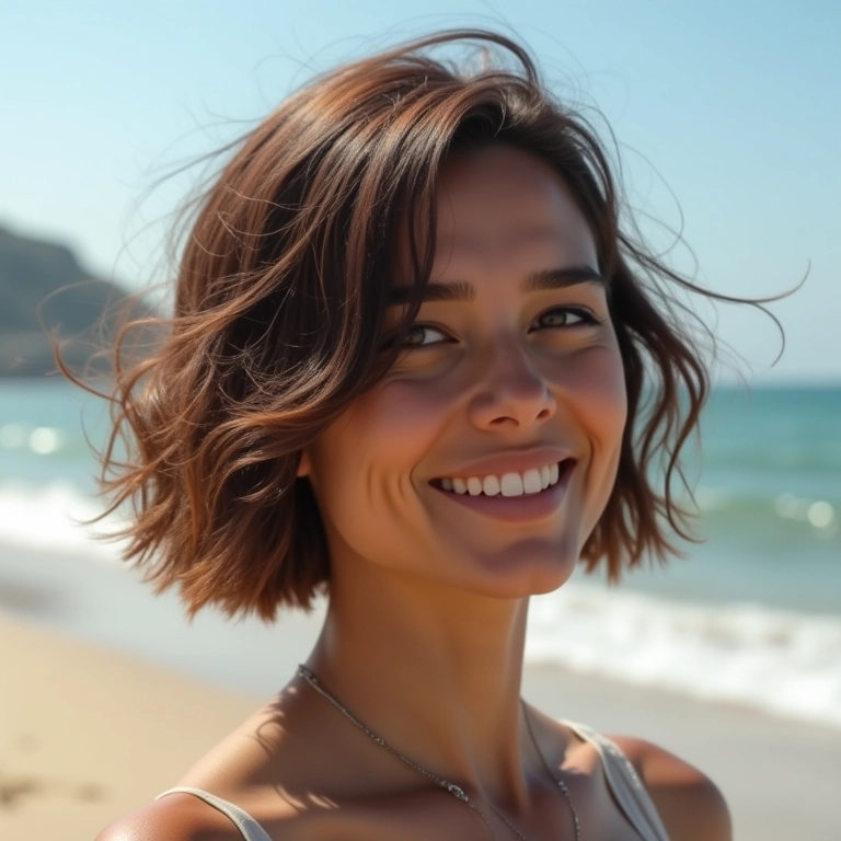 Mulher com short bob desfiado na praia de Ipanema.
