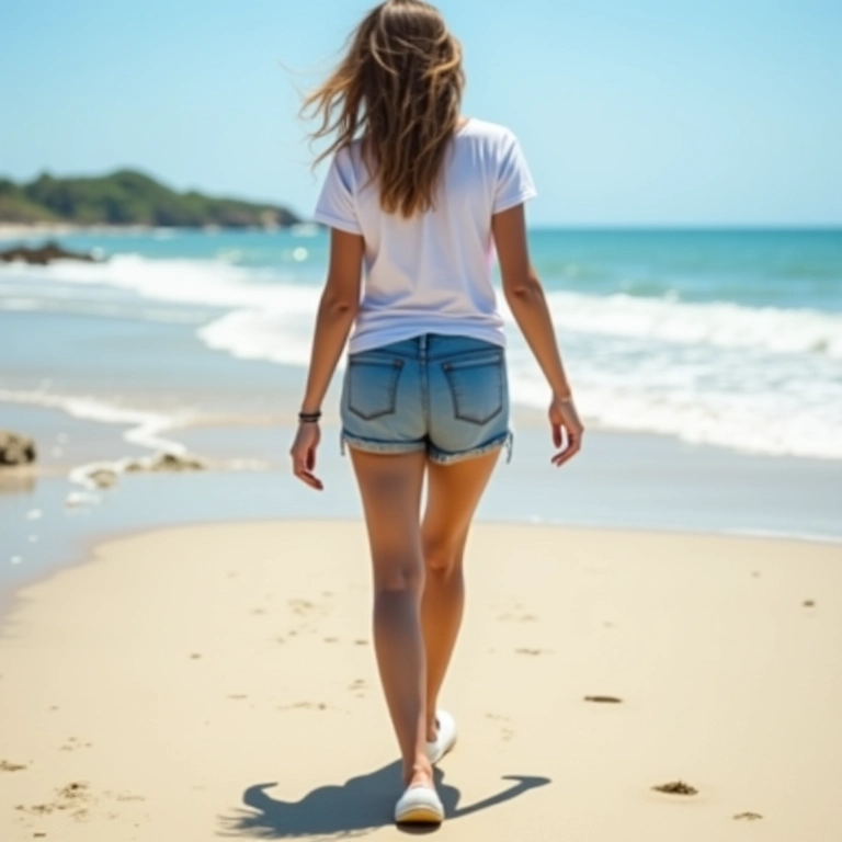 Mulher com short jeans, camiseta e sapatilha em look despojado.