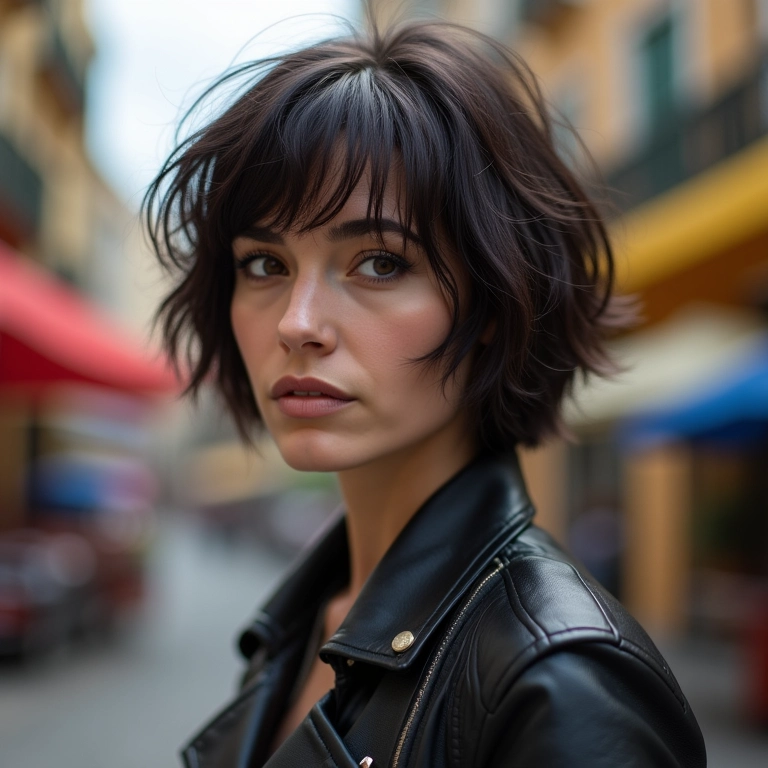 Mulher com short shag moderno e jaqueta de couro em cenário urbano brasileiro.
