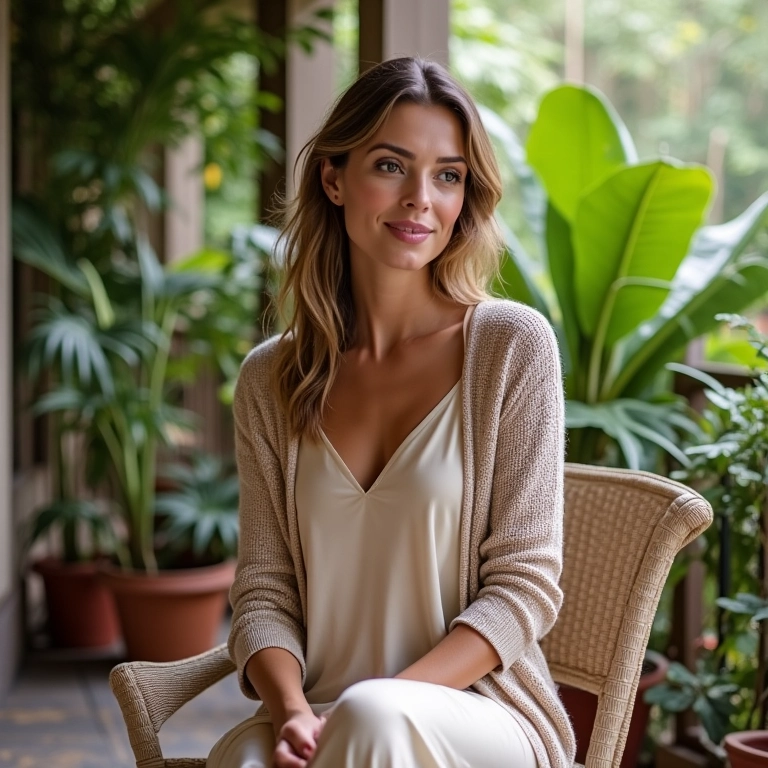 Mulher com slip dress de seda e casaco de tricô sentada em varanda com plantas tropicais.