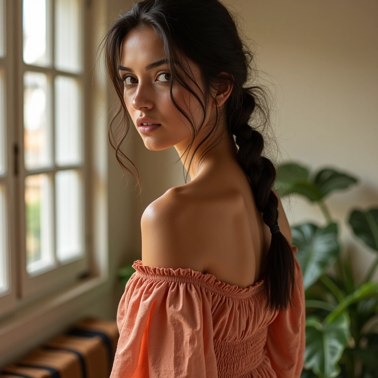 Mulher com trança lateral despojada em apartamento ensolarado.
