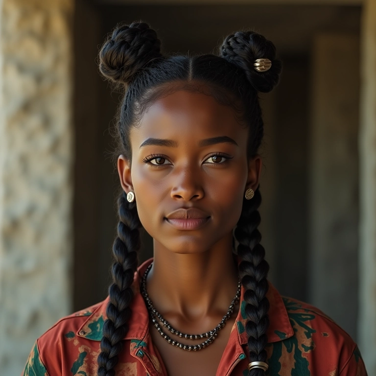 Mulher com tranças Nagô adornadas com acessórios personalizados.
