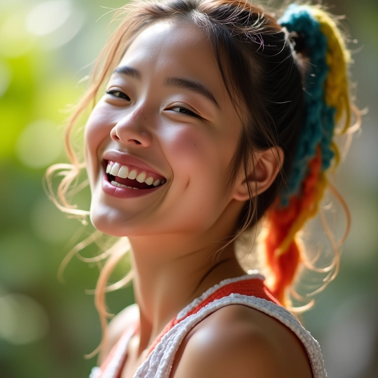 Mulher com tranças Nagô coloridas e expressão alegre.