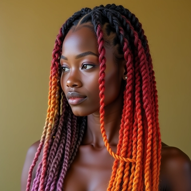 Mulher com tranças Nagô crochet braids em cores vibrantes.