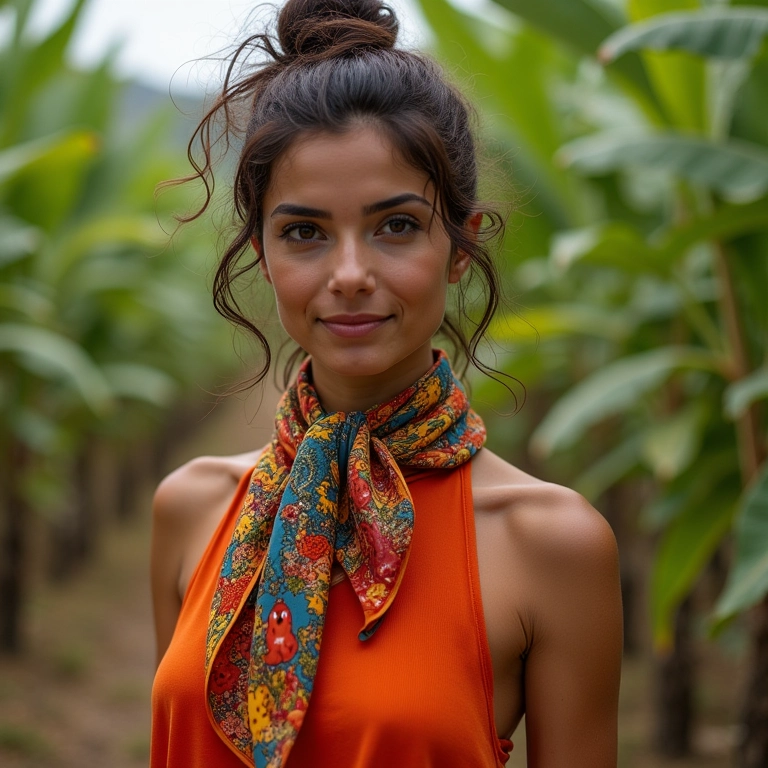 Mulher com um lenço de seda amarrado no pescoço, cores vibrantes.