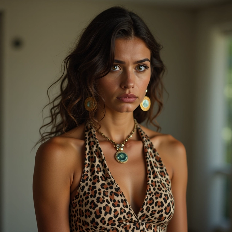 Mulher com vestido animal print e acessórios exagerados, expressando desconforto com o look.