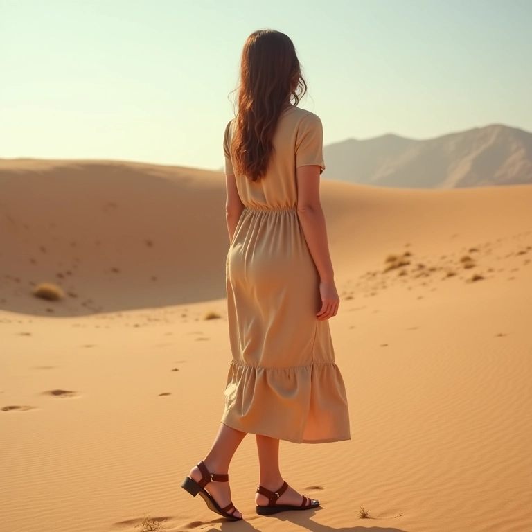 Mulher com vestido bege em paisagem desértica no Nordeste.