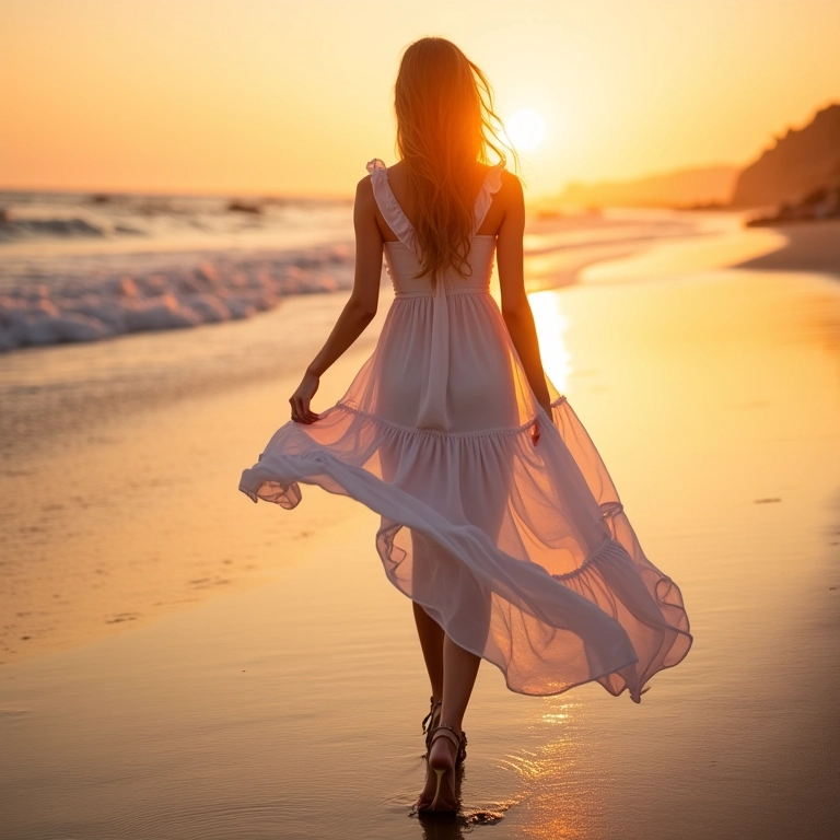 Mulher com vestido branco de babados e sandálias de salto na praia ao pôr do sol.