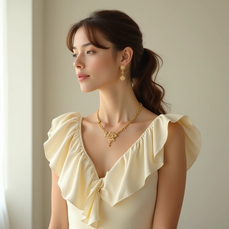 Mulher com vestido creme de babados e acessórios minimalistas.