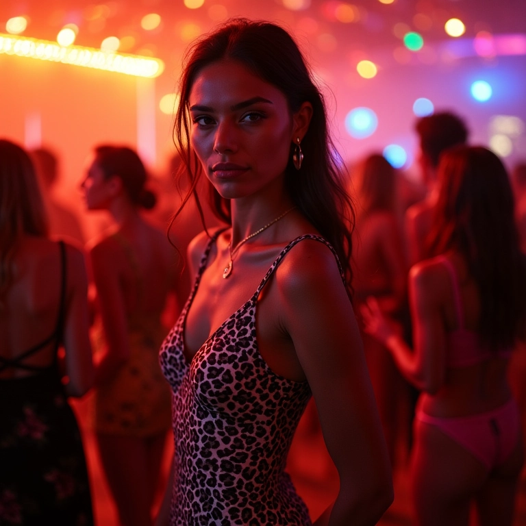 Mulher com vestido de animal print repaginado em uma festa brasileira.