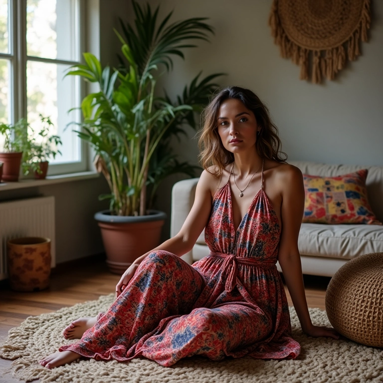 Mulher com vestido de estampa étnica em sala boho em São Paulo.