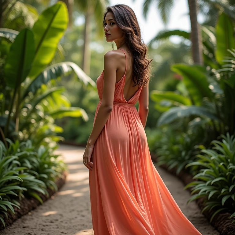 Mulher com vestido de verão adaptado ao clima tropical brasileiro.