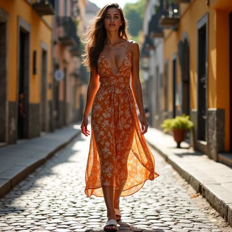 Mulher com vestido de verão e chinelos slide estilosos.