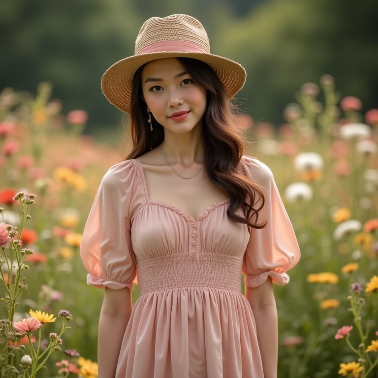 Mulher com vestido e chapéu coco em jardim florido.