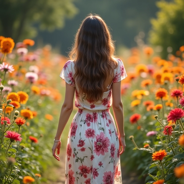 Mulher com vestido floral caminhando em jardim cheio de flores coloridas.