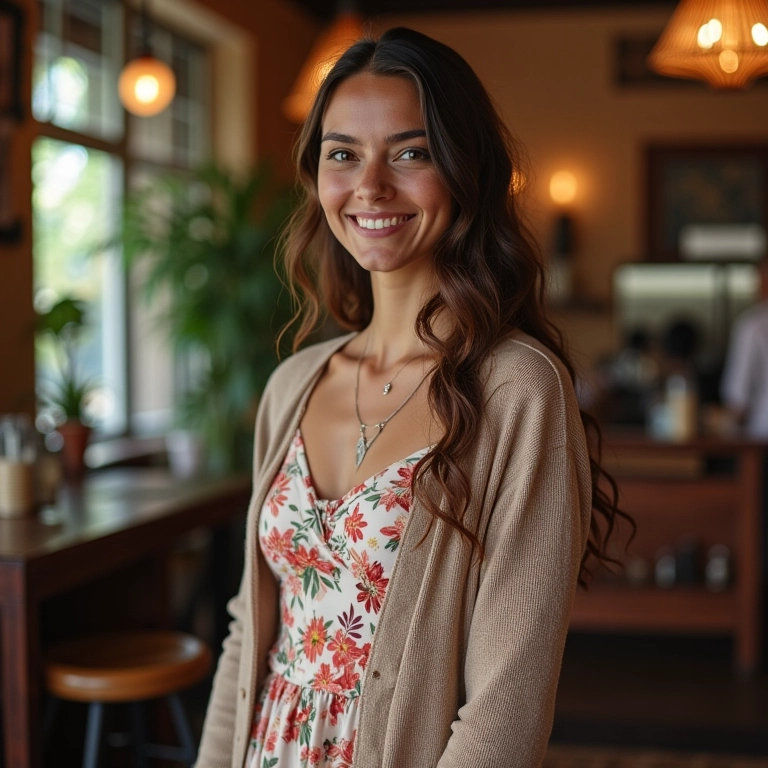 Mulher com vestido floral, cardigã e sapatilha em look romântico.