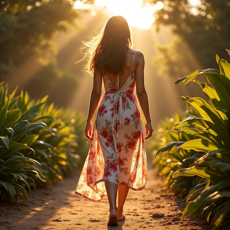 Mulher com vestido floral e anabela passeando em jardim.